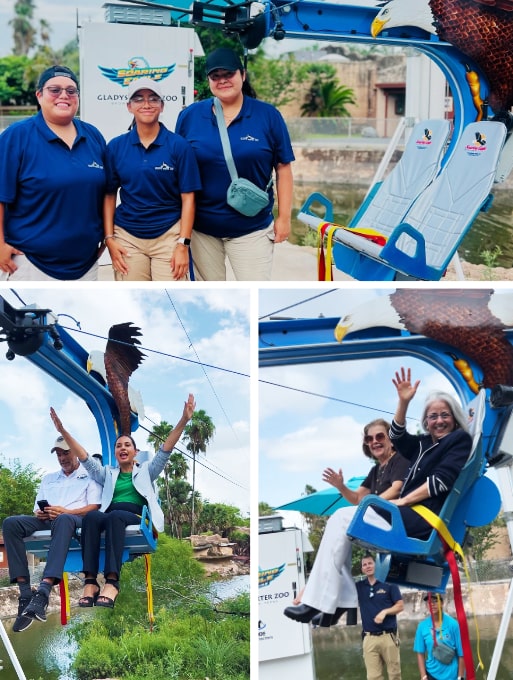 La tirolesa Soaring Eagle está oficialmente abierta y ofrece a los pasajeros un descenso a alta velocidad a lo largo de una pista escénica con vistas panorámicas de exhibiciones de animales, paisajes exuberantes y el horizonte de Brownsville.
