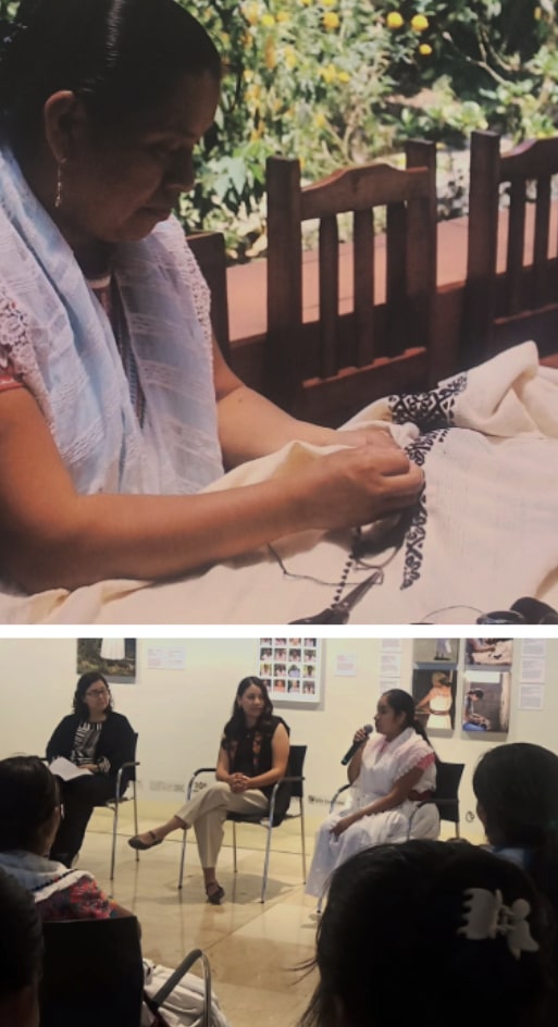 Mariana Burgueño, autora de la exposición “Taltikpak Nantsin” y gestión de las alianzas empresariales y eventos en Zihuame Mochilla; y Carmen Marín, Miembro del Consejo Directivo de Zihuame Mochilla A.C. y cocinera tradicional de la comunidad otomí.