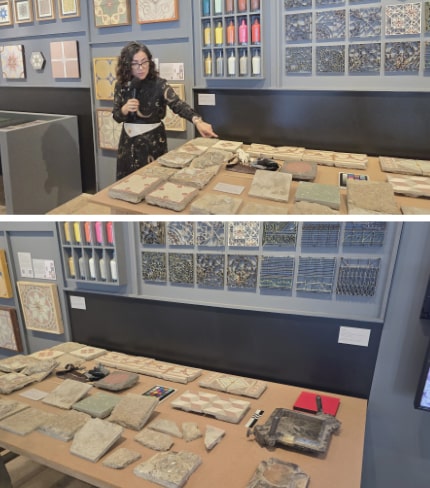 La exhibición presenta parte de la tradición mosaiquera a través de la materialidad de sus piezas. Reúne baldosas recuperadas en distintos contextos como un ejercicio de arqueología urbana:
