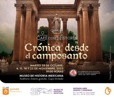El ciclo es organizado en colaboración con la Asociación Estatal de Cronistas Municipales del Estado de Nuevo León “José P. Saldaña” y ofrecerá un recorrido histórico por cementerios emblemáticos de Monterrey, Montemorelos, Ciénega de Flores, Lampazos y Cerralvo, espacios que resguardan testimonios de fe, identidad y memoria colectiva.