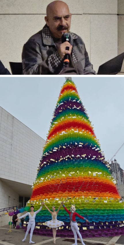 El pino del 2025 fue diseñado por Sergio Rodríguez, quien describe su creación con estas palabras: “Este pino de Navidad surge como un gesto artístico que busca reconciliar lo cotidiano con lo simbólico.